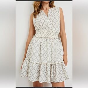 Rails Cindy Geo-Print Sleeveless Linen Blend Tiered Mini Dress-Ivory